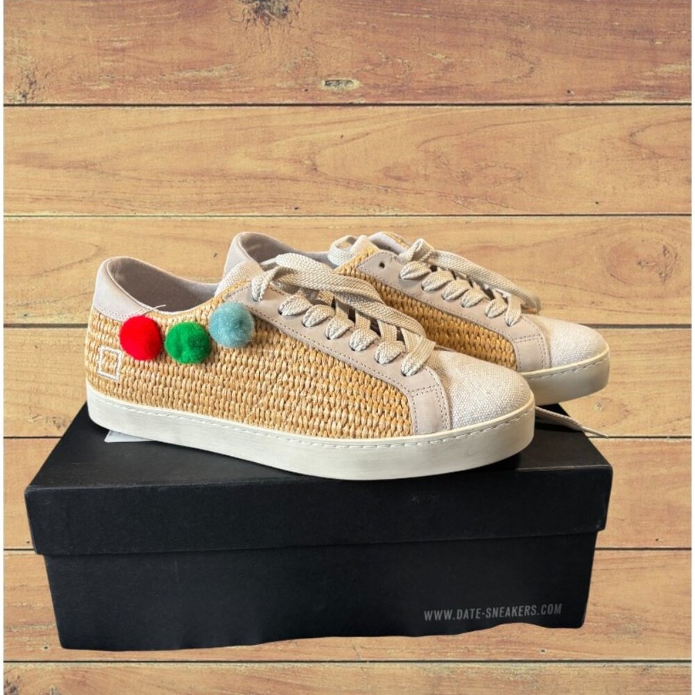 DATE Sneakers Pom Pom Raffia Women’s US 7, EU 38;  Neutral/Tan and White